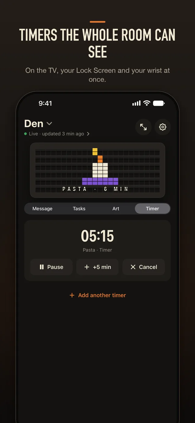Timers the whole room can see. On the TV, your Lock Screen and your wrist at once. Clackline on iPhone with a pasta timer at 5:15 and its candle on the board