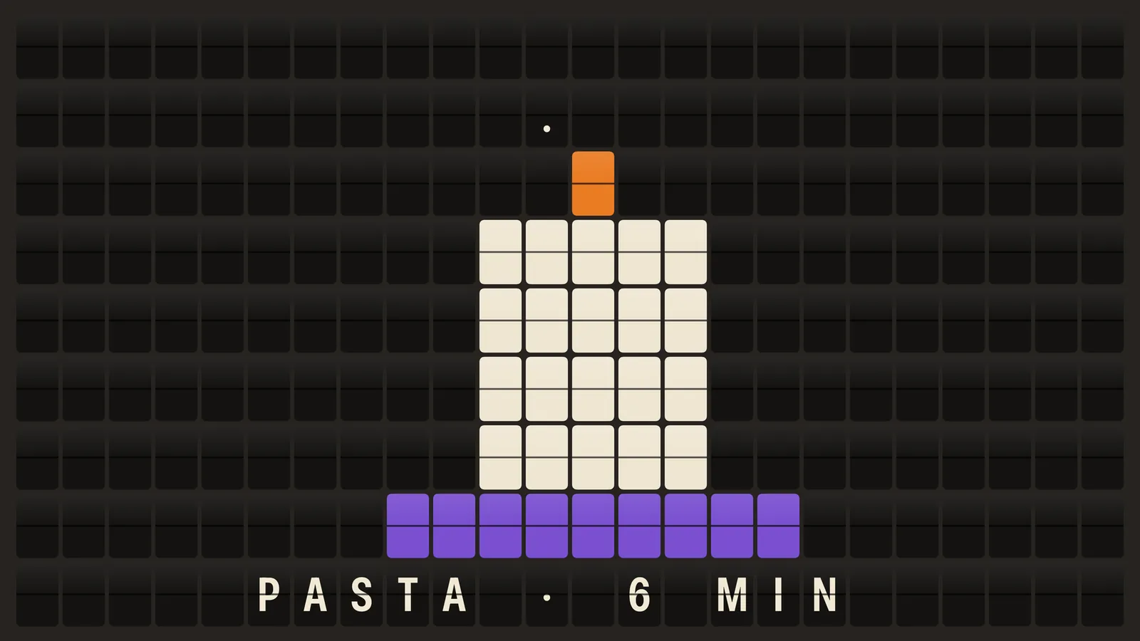 The board on a TV as a candle timer made of cream and purple tiles, with Pasta, 6 min underneath